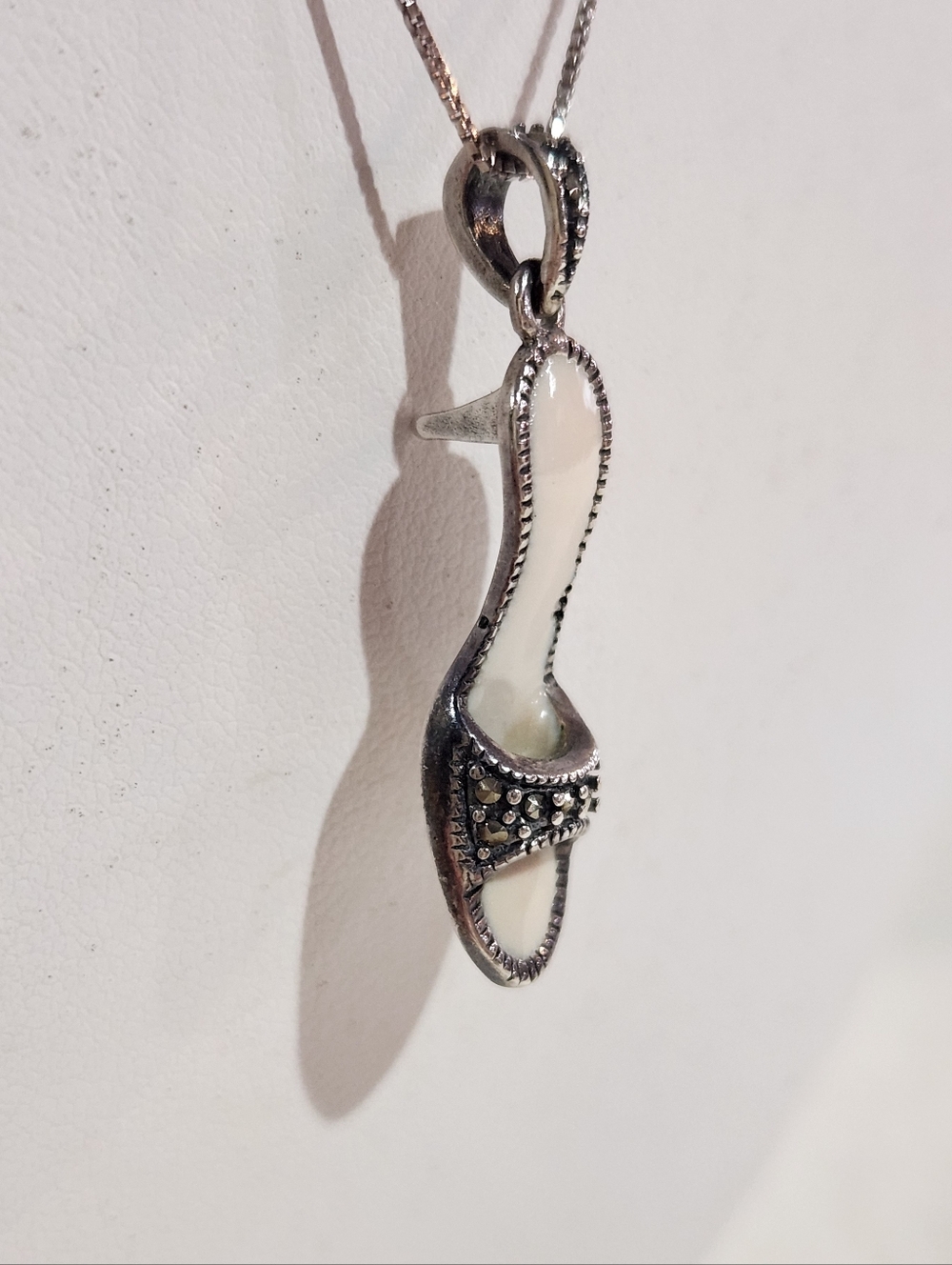 Sterling Silver Marcasites & Enamel Heel Shoe Pendant Necklace